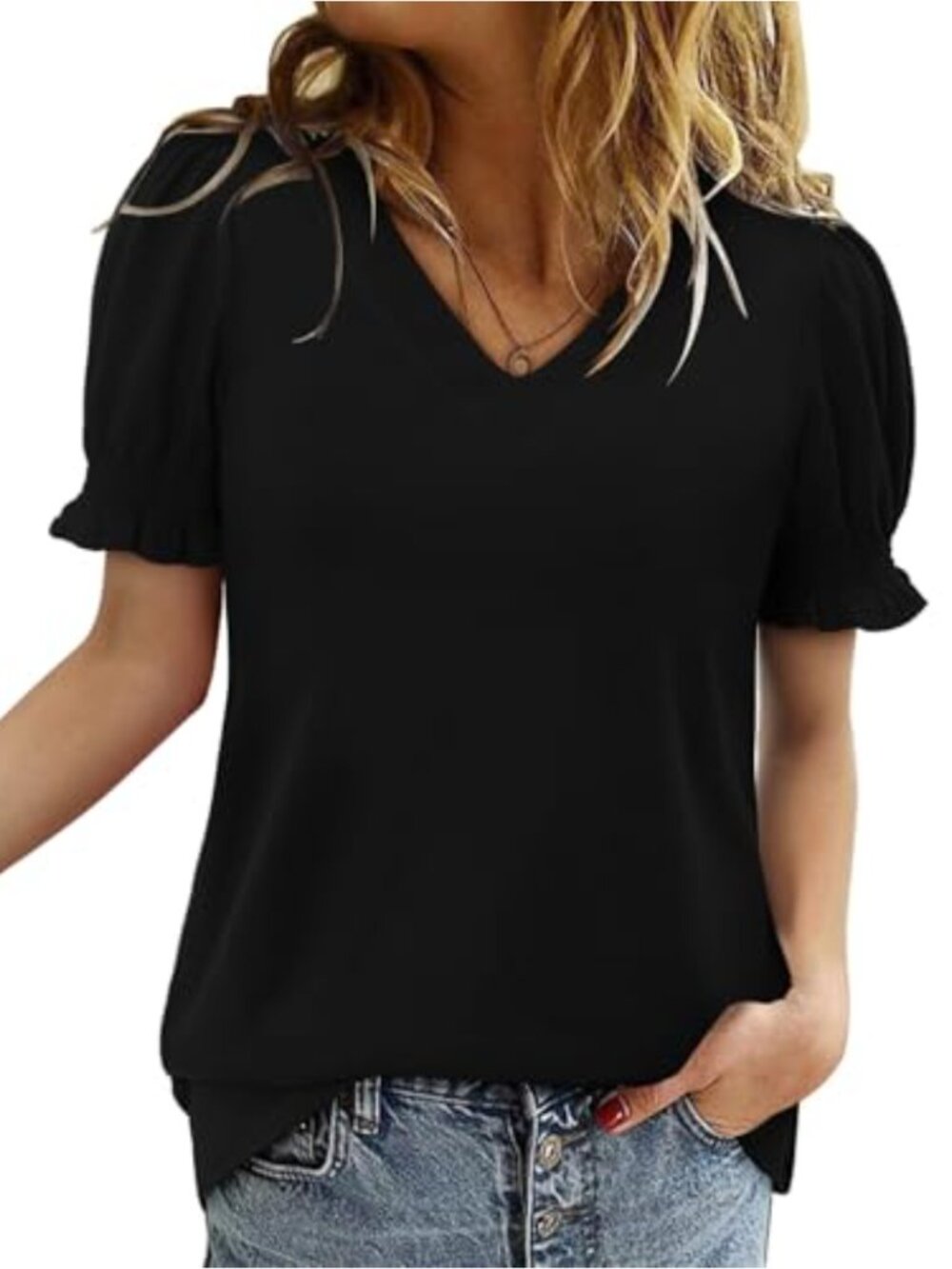 Ruffle Sleeve Tunic Top V Neck Loose Fit Short Sleeve Blouse